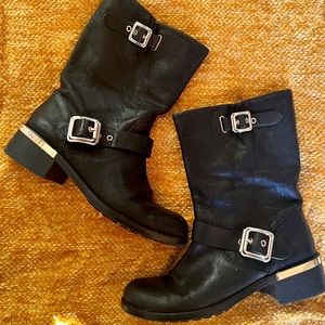 Vince Camuto Windy Black Leather & Metallic Moto Boots